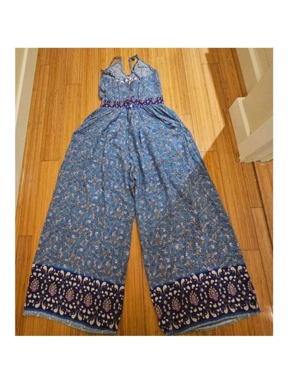 JAASE Wave Sapphire Print Jumpsuit Blue Purple Paisley Boho Hippie Wide Leg L - Picture 3 of 5